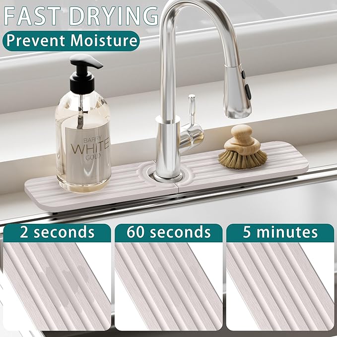 Faucet Mat for Kitchen Sink - 20 x 4inch Faucet Splash Guard for Bathroom Counter, Absorbent Diatomite Mat, Fast Drying Stone Sink Tray, Prevents Moisture Buildup, White