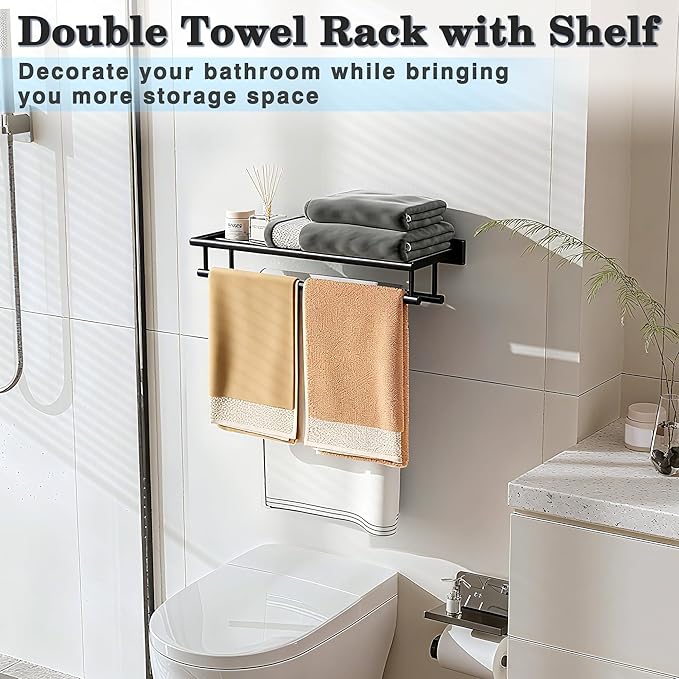 Alise 20 Inch Towel Rack for Bathroom Wall Mount,Black Double Towel Bars with Shelf,SUS 304 Stainless Steel Bathroom Towel Holder Towel Hanger for Bathroom Walls,Matte Black