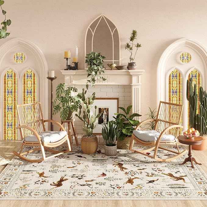 Rugcomf Living Room Rug 5x7 Rug Machine Washable Boho Area Rug Non Slip Floral Animal Vintage Low Pile Large Rugs for Living Room, Bedroom, Farmhouse, Dining Room, Kids Playroom (Beige)