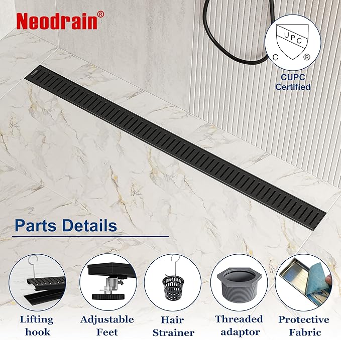 Neodrain 36" Matte Black Bathroom Linear Shower Drain with Removable Capsule Pattern Grate, 304 Stainless Steel Shower Floor Linear Drain- CUPC Certified with Hair Strainer