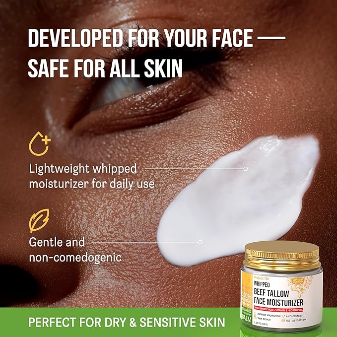 Beef Tallow Face Moisturizer - Grass Fed Tallow & Honey Balm with Liposomal Hyaluronic Acid in Glass Jar - Natural Anti Aging Day & Night Cream for Dry Sensitive Skin - 2.25 oz