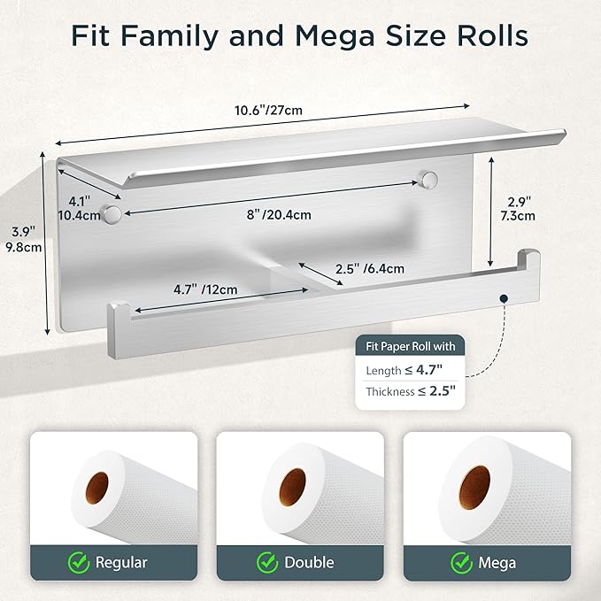 FORIOUS Toilet Paper Holder with Shelf, 304 Stainless Steel Wall Mount Commercial Toilet Paper Dispenser, Double Tissue Roll Holder for Bathroom, 2 Pack Brushed Nickel