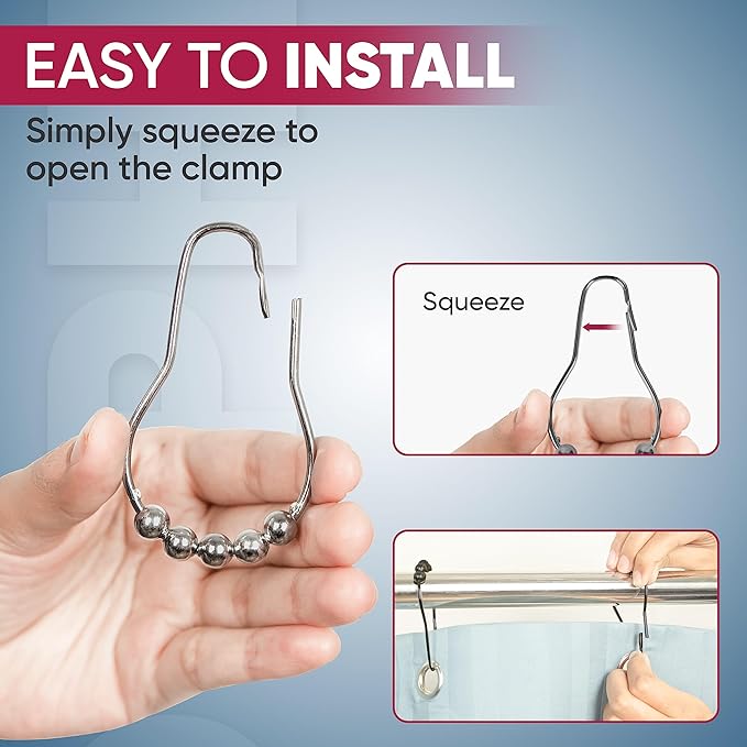 Shower Curtain Hooks Rust Proof (Set of 12) - Stainless Steel Shower Curtain Rings - Anti Slip Roller Balls for Easy Glide (Secure Lock Hooks, Polished Nickel)