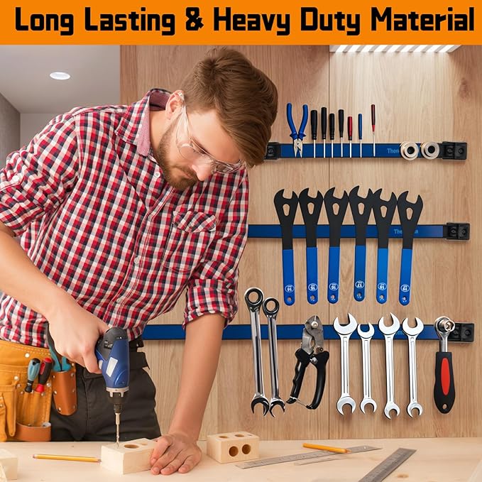 12" Magnetic Tool Holder Strip, 4 Pieces Blue Metal Tool Organizer Rack with Stainless Steel Surface, Magnet Bar for Garage Workshop, Easy To Install with Mounting Screws