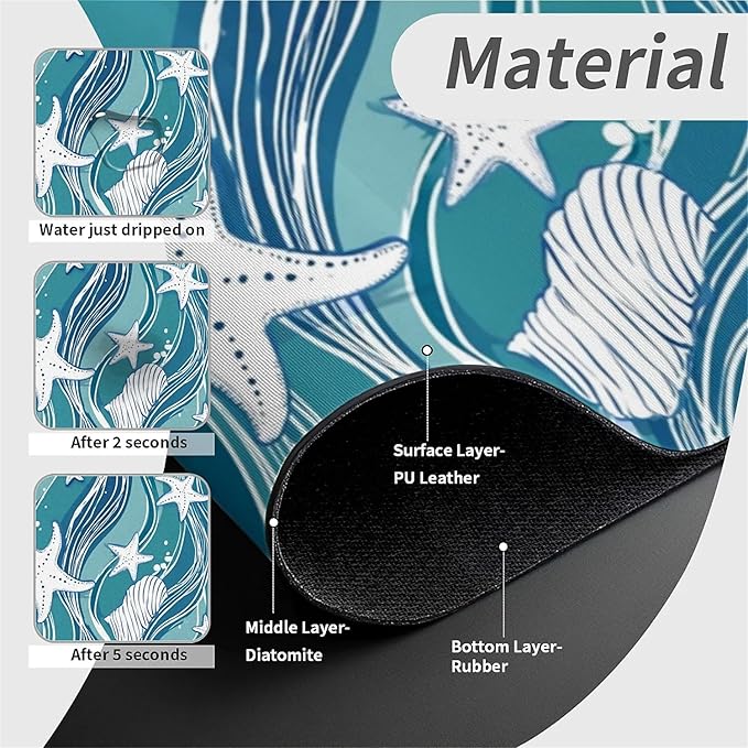 Kitchen Sink Splash Guard，Wave, starfish, shell Faucet Mat Sink Gadgets-Super Absorbent Fast Drying Mat Drip Catcher for Kitchen, Bathroom,Sink Mat, Dish Drying Mat, Bathroom(15" X 5.5" )