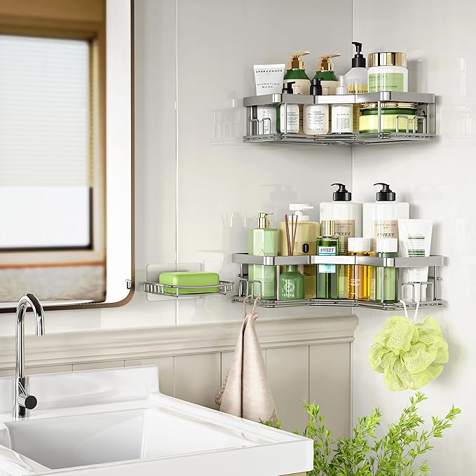 MAXIFFE Shower Caddy Organizer, 3-Pack Corner Shower Caddy Organizer Shelves Storage Rack Accessories for Bathroom Countertop Home Decor Set, Silver