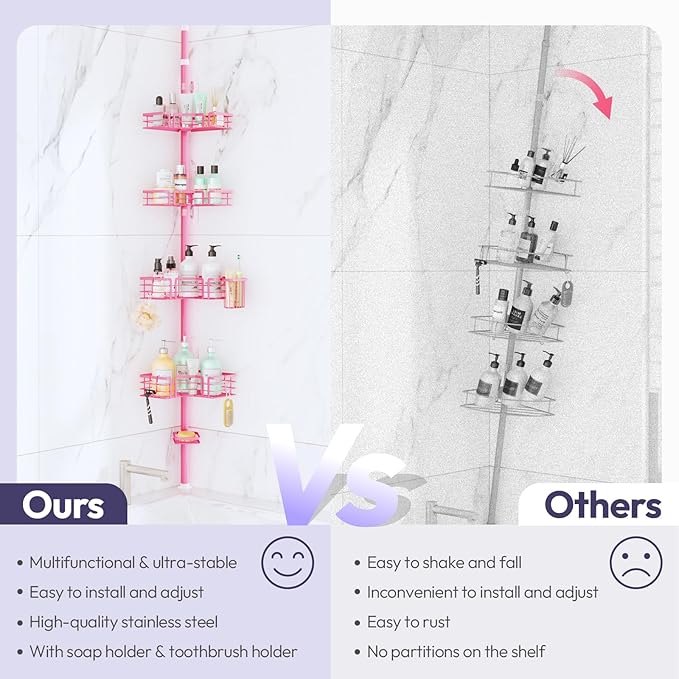 SWTYMIKI Shower Caddy Tension Pole - 4-Tier Corner Shower Organizer Tension Rod with Soap Holder, Toothbrush Holder & 4 Hooks, Adjustable Stainless Steel Bathroom Organizer 27.6 to 108.3 inch, Pink