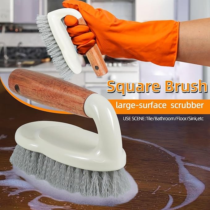 5-Pack Heavy Duty Scrub Brushes Set with Wooden Handles - Multi-Surface Cleaning for Kitchen, Bathroom, Tile & Grout Includes Spherical, Triangle, Square & Dish Brush for Tough Stains