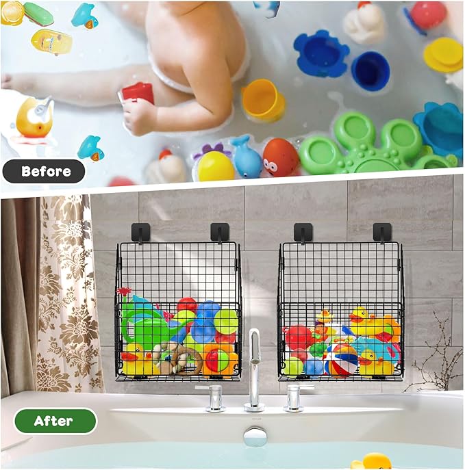 Large Bath Toy Storage, Metal Bathtub Shower Toy Holder, Foldable bath Tub Toy Organizers, Bathroom Toy Storage with Drainage for Sorting Toys/Clothes/Toiletries (1pc black)