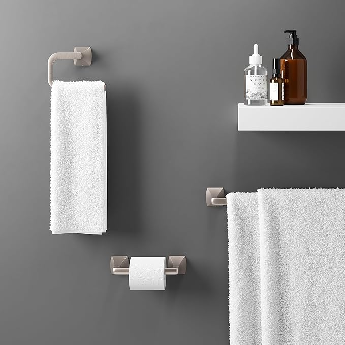 Pfister Bruxie 3-Piece Bathroom Hardware Set with Towel Bar, Towel Ring, and Toilet Paper Holder, Wall-Mounted, Spot Defense Brushed Nickel Finish, BTBBIE3GS