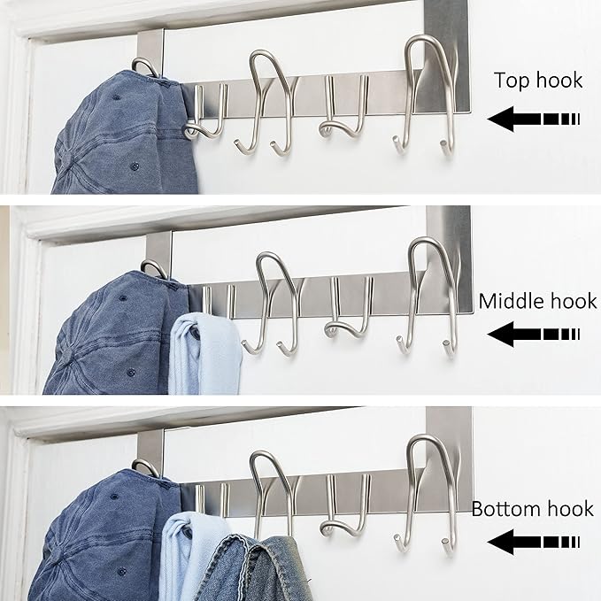 SKOLOO Over The Door Hooks - for Doors up to 1-3/4'' Thickness, Metal Door Hanger with 11 Hooks, Over The Door Hanger for Coats, Hats,Towels, Silver