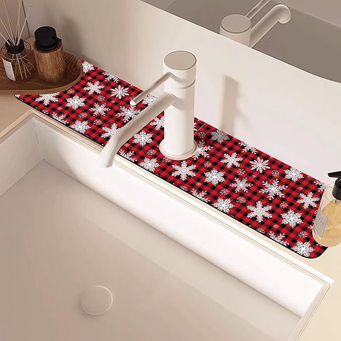Christmas Snowflake Kitchen Sink Splash Guard Mat Buffalo Plaid Absorbent Fast Drying Mat Faucet Draining Mat Sink Splash Guard Behind Faucet Drip Catcher for Kitchen Bathroom 5.5"×24"
