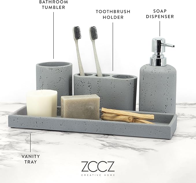 ZCCZ -Beige Bathroom Accessories Set 4 Pcs - Toothbrush Holder, Soap Dispenser, Vanity Tray, Bathroom Tumbler - Countertop Vanity Organizer - Bathroom Accessory Set- Toothbrush Holder Set, Stone Sets