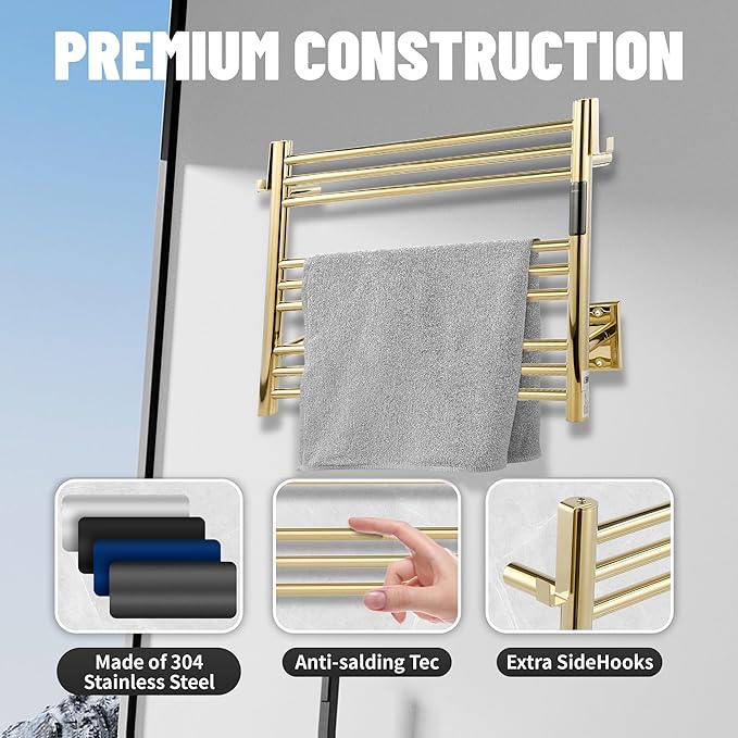 K&KALONZO Towel Warmer for Bathroom, Wall-Mounted 9-Bar Heated Towel Rack with Built-in Timer, Waterproof Electric Towel Heater, Support Plug-in and Hardwired, Polished Gold, EL13S