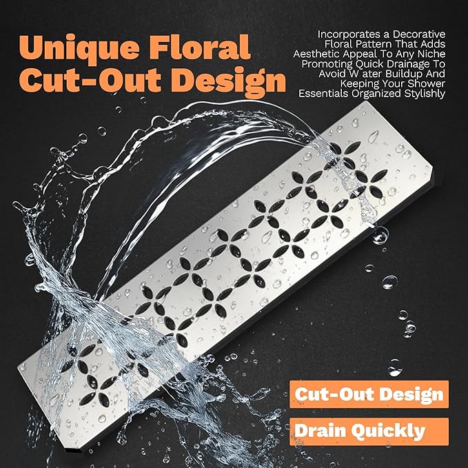 12 Inch Shower Niche Shelf 304 Stainless Steel Rectangular Bathroom Niche Shelf with Brushed Finish and Floral Design Fits Prefabricated Tile Niches 1 Pack