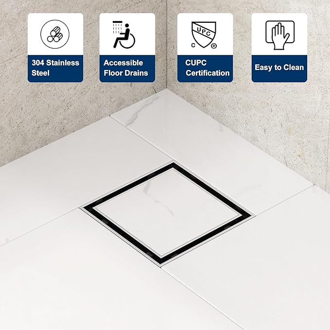 Neodrain 6-Inch Square Shower Drain with Tile Insert Grate, Professional Brushed 304 Stainless Steel Rectangle Shower Floor Drain Manufacturer, Floor Shower Drain with Shower Drain Base