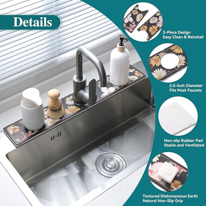 Stone Faucet Mat for Kitchen Sink, Diatomite Stone Sink Tray, 23.6" Super Absorbent Mat for Bathroom Counter, Prevents Moisture Buildup, Stone Drying Mat, Fast Drying Faucet Splash Guard