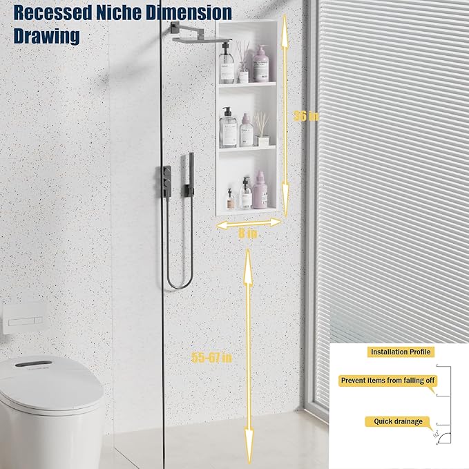 Stainless Steel Recessed Shower Caddy ，Organizer Storage for Room,Bathroom Insert Shelf with Three-Tier Shelves，Matte White （ 36" X 12"）