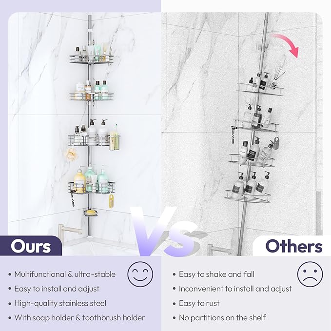 SWTYMIKI Shower Caddy Tension Pole - 4-Tier Corner Shower Organizer Tension Rod with Soap Holder, Toothbrush Holder & 4 Hooks, Adjustable Stainless Steel Bathroom Organizer 27.6 to 108.3 inch, Silver