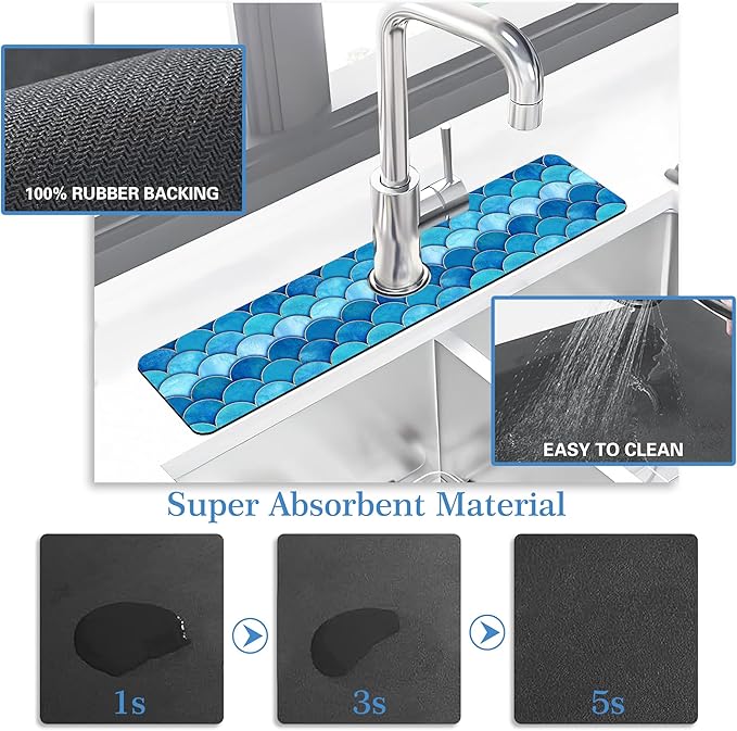 Mermaid Fish Scale Wave Faucet Mat Splash Guard Scale Texture, Soft Diatom Mud Material, Strong Water Absorption, Non-slip,Easy to Clean for Bathroom, Kitchen 23.5"X5.5"