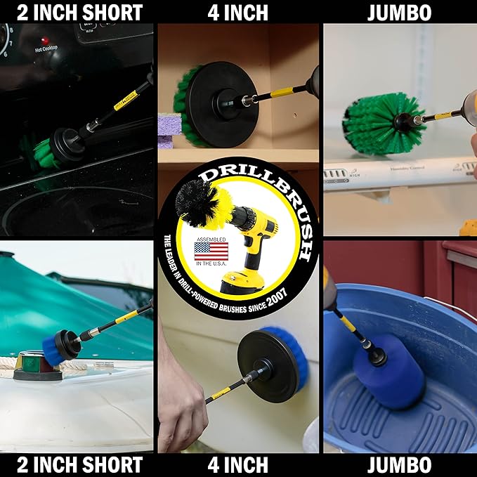 7 Piece Drillbrush Bundle - Kitchen Cleaning Brush Drill Attachments - Pool Cleaning Brush - Extension Attachment for Drill - Aquarium Cleaning - Oven Cleaner - Tile - Grout