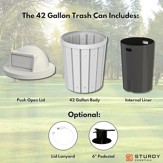Campus Collection 42 Gallon Slatted Round Heavy-Duty Plastic Commercial Outdoor Trash Can with Push Open Dome Lid and Internal Liner | Great for Schools and Businesses - White