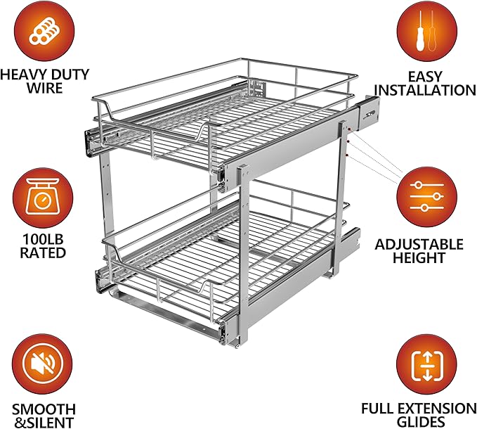 (26" W x 22" D 2-Tier Cabinet Roll Out Shelves | Extra Wide Slide Out Drawers for Kitchen Cabinets, Heavy Duty Pull Out Cabinet Organizer 22 Inch Deep