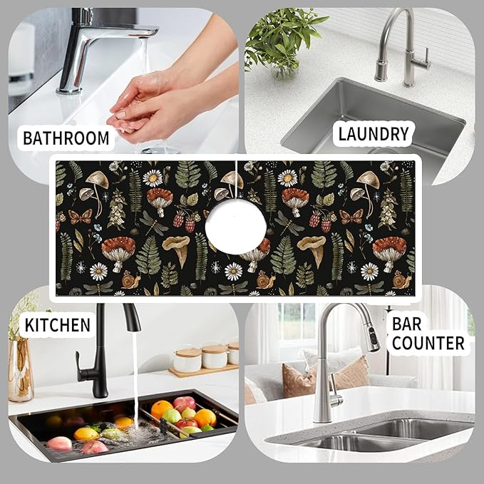 Absorbent Splash Guard Mat for Kitchen Sink, 15×5.5 Inch Cute Fast Drying Drip Catcher Behind Faucet Mat, Non-Slip, Washable Sink Mat Gadgets for Bathroom, Kitchen, Bar Vantage Mushrooms