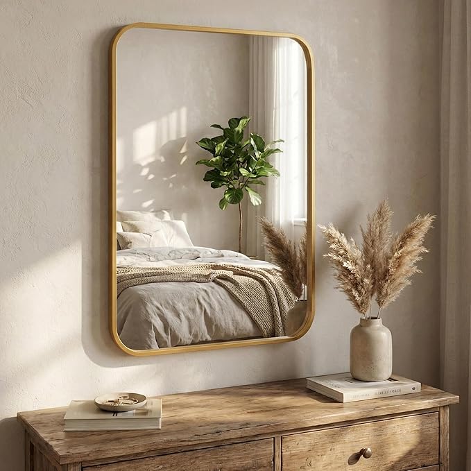 2 Pack Bathroom Mirrors for Over Sink, 24"x36" Gold Framed Vanity Mirror, Rounded Corner Rectangular Metal Mirror for Wall, Mid Century Modern Decor