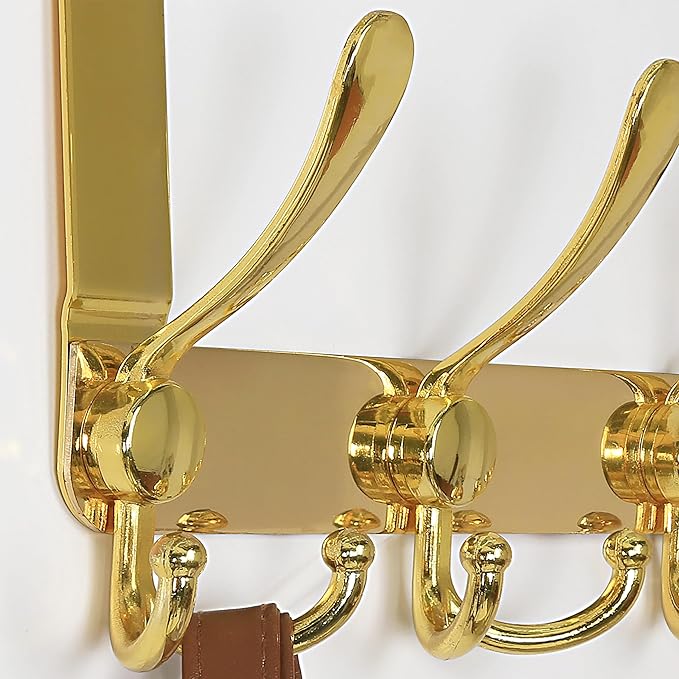 Dseap Over The Door Hook Hanger - Fits 1 3/8" to 1 3/4" Standard Doors | 5 Tri Hooks Heavy Duty Towel/Coat Rack | Door Organizer for Clothes, Jackets, Hats, Towels, Gold