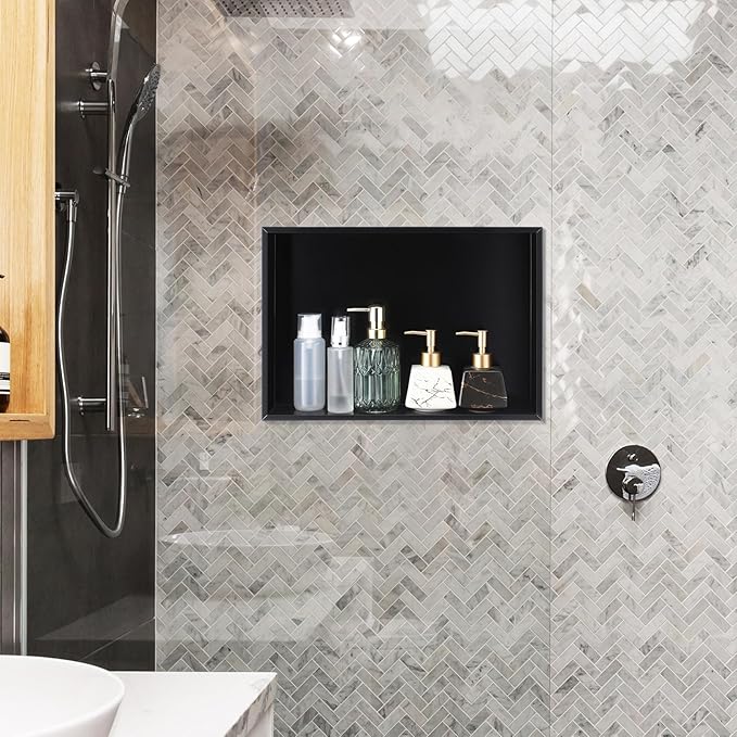 Geelin Shower Niche 15.7 x 11.8 x 3.5 Black Insert Storage Shower Shelf Recessed Wall Niche No Tile Needed Stainless Steel Bathroom Storage for Bathroom Shampoo Soap Shelf Easy Install
