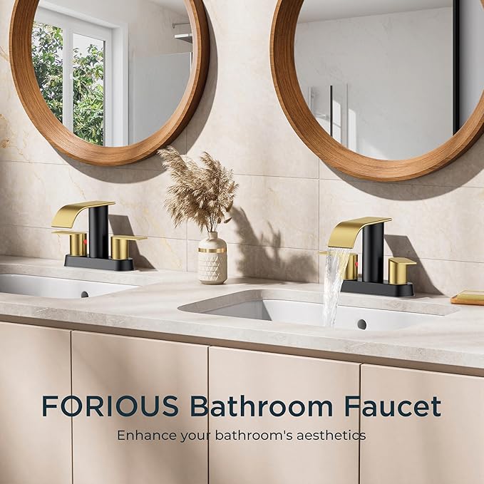 FORIOUS Black and Gold Bathroom Faucets, Waterfall 4 Inch Centerset Bathroom Sink Faucet with Metal Pop up Drain and cUPC Hose for Basin, Vanity, RV, Pedestal 2 or 3 Hole Sink