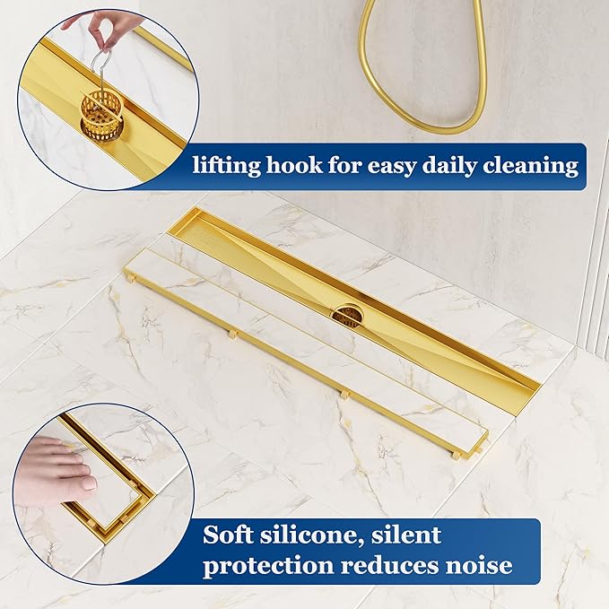 Neodrain 24-Inch Gold Linear Shower Drain with Tile Insert Cover, Golden 304 Stainless Steel Rectangle Shower Floor Drain, Linear Drain with Leveling Feet, Hair Strainer, CUPC Certified