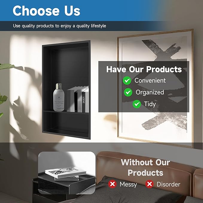 Shower Niche 13" X 25" Black, Stainless Steel Wall Niche Double Shelves Recessed Shower Shelf for Bathroom Storage, No Tile Needed Over Mount Installation