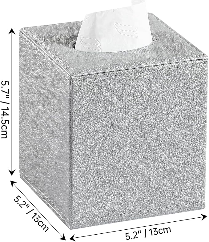 PU Leather Tissue Box Cover Square Tissue Box Holder with Magnetic Closure, Decorative Tissue Holder for Bathroom Bedroom Office (Silver)