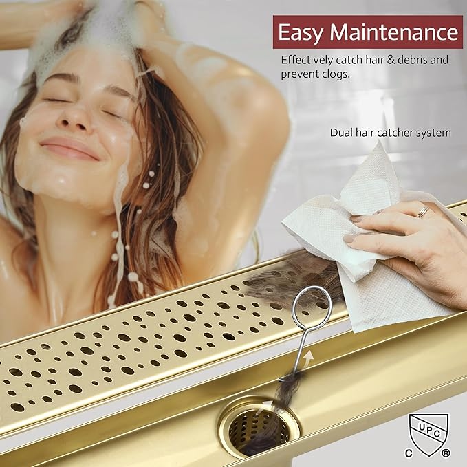 28 Inch Linear Shower Drain, Brushed Gold Shower Drain,Removable Grate, 304 Stainless Steel, Easy to Install and Clean for Bathrooms (Drain Base Not Included), LSD-19A-28G