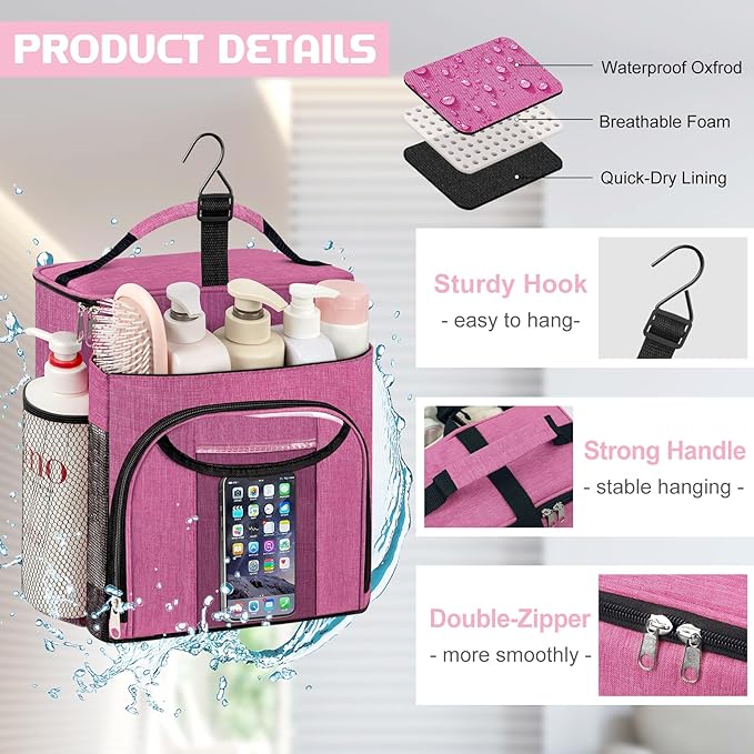 Attmu Mesh Shower Caddy Portable for Dorm College Essentials, Large Capacity Separate Compartment Hanging Toiletry Bag for College Student Camping Gym Travel Essentials (Pink)