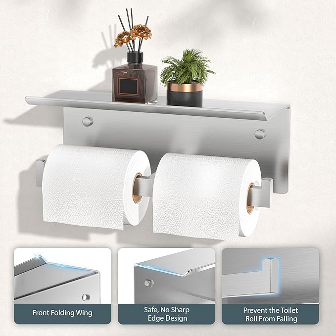 FORIOUS Toilet Paper Holder with Shelf, 304 Stainless Steel Wall Mount Commercial Toilet Paper Dispenser, Double Tissue Roll Holder for Bathroom, Brushed Nickel