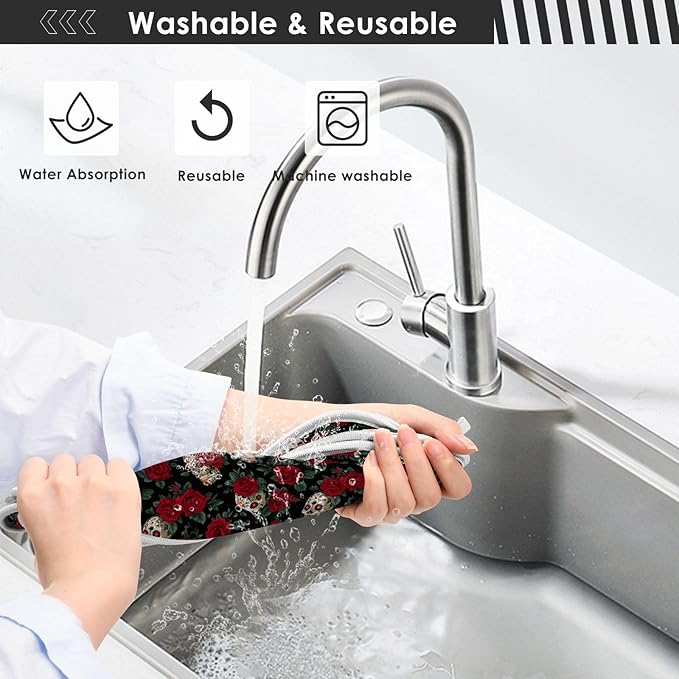 2 PCS Kitchen Sink Splash Guard 30 Inch Faucet Mat for Kitchen Sink Bathroom Sink Faucet Absorbing Drip Drain Mat Pad Microfiber Soft Washable Black Mexico Skulls and Red Roses