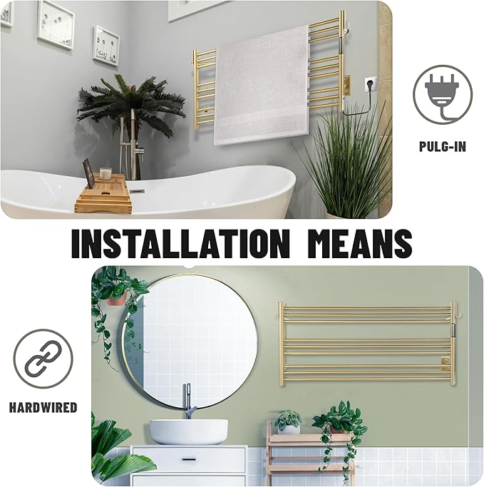 K&KALONZO Towel Warmer for Bathroom, Wall-Mounted 9-Bar Heated Towel Rack with Built-in Timer, Waterproof Electric Towel Heater, Support Plug-in and Hardwired, Brushed Gold, EL13L