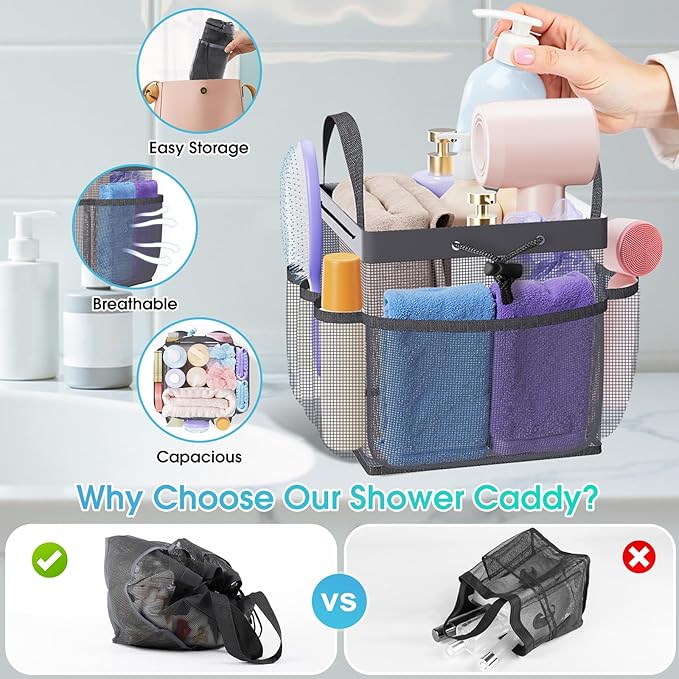 Mesh Shower Caddy Portable with Drawstring, 1 Main Compartment+ 7 Pockets, College Dorm Room Essentials for Girls, Shower Organizer Hanging Bag for Beach, Camp, Swim, Gym, Travel(Grey)