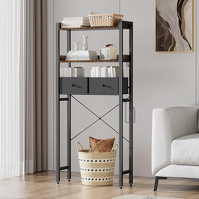 Housolution Over The Toilet Storage with 2 Drawers, 3 Tier Over Toilet Bathroom Organizer with Height Adjustable Shelves and Hooks, Space Saver Above Toilet for Bathroom/Restroom/Laundry, Black+Brown
