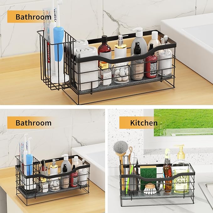 Sponge Holder for Kitchen Sink with Diatomite Drying Pad, Rust-Resistant Countertop Organizer, Adjustable Divider for Soap, Brush & Sponge