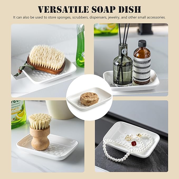 Gomakren Ceramic Soap Dish, Non-Slip Shower Soap Holder for Bathroom & Kitchen Sink, Soap Saver Tray for Bar Soap Sponge, 5.5 Inch, White