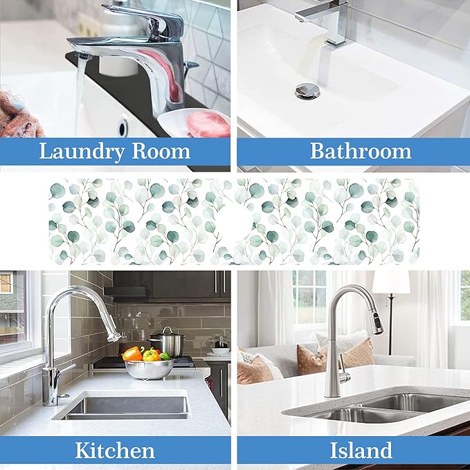 Faucet Mat for Kitchen Sink Watercolor Green Leave Branche, Soft Diatom Mud Material, Strong Water Absorption, Non-slip, Easy to Clean for Bathroom, Kitchen 23.5"X5.5"