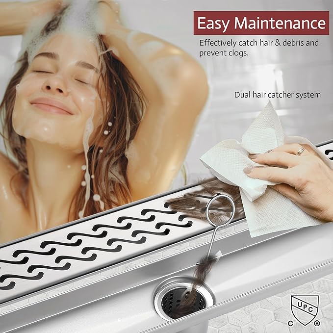 28 Inch Linear Shower Drain, Brushed Nickel Shower Drain, Removable Grate, 304 Stainless Steel, Easy to Install and Clean for Bathrooms (Drain Base Not Included), LSD-08A-28S