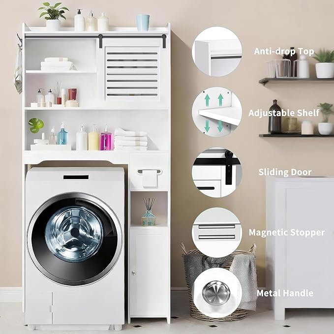 Over The Toilet Storage Cabinet, Bathroom Storage Cabinet Organizer, Above Toilet Rack with Door and Adjustable Shelves, Space Saver for Restroom, Laundry (White Left Side)