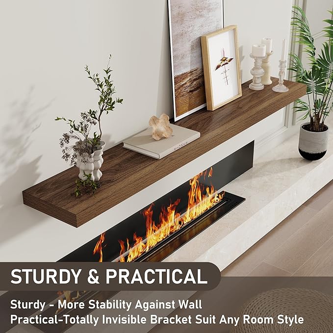 Fun Memories 72 Inch Floating Shelves for Wall 8 Inch Deep Walnut Shelves Set of 2, Wall Mounted Rustic Wood Long Floating Shelf, Large Display & Storage Shelf with Invisible Brackets