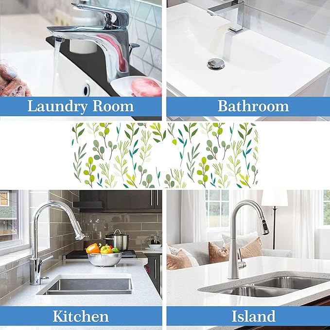 Faucet Mat for Kitchen Sink Color Art Leaves Grass, Soft Diatom Mud Material, Strong Water Absorption, Non-slip, Easy to Clean for Bathroom, Kitchen 15"X5.5"