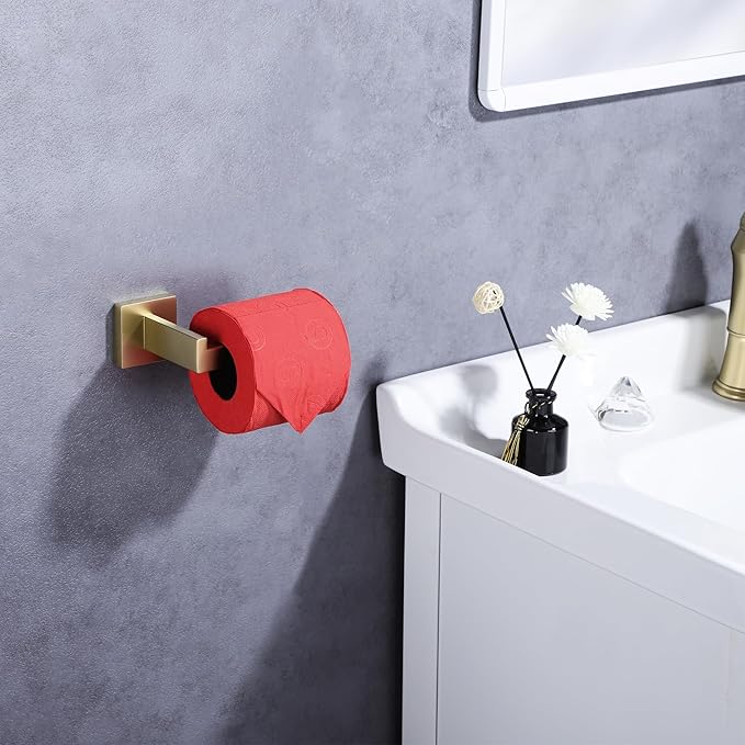 LANC Gold Toilet Paper Holder, Bathroom Toilet Paper Roll Holder Wall Mounted for Bathroom RV, Modern TP Holder Tissue Dispenser Hangers Square Stainless Steel Brushed Gold, A8807BG